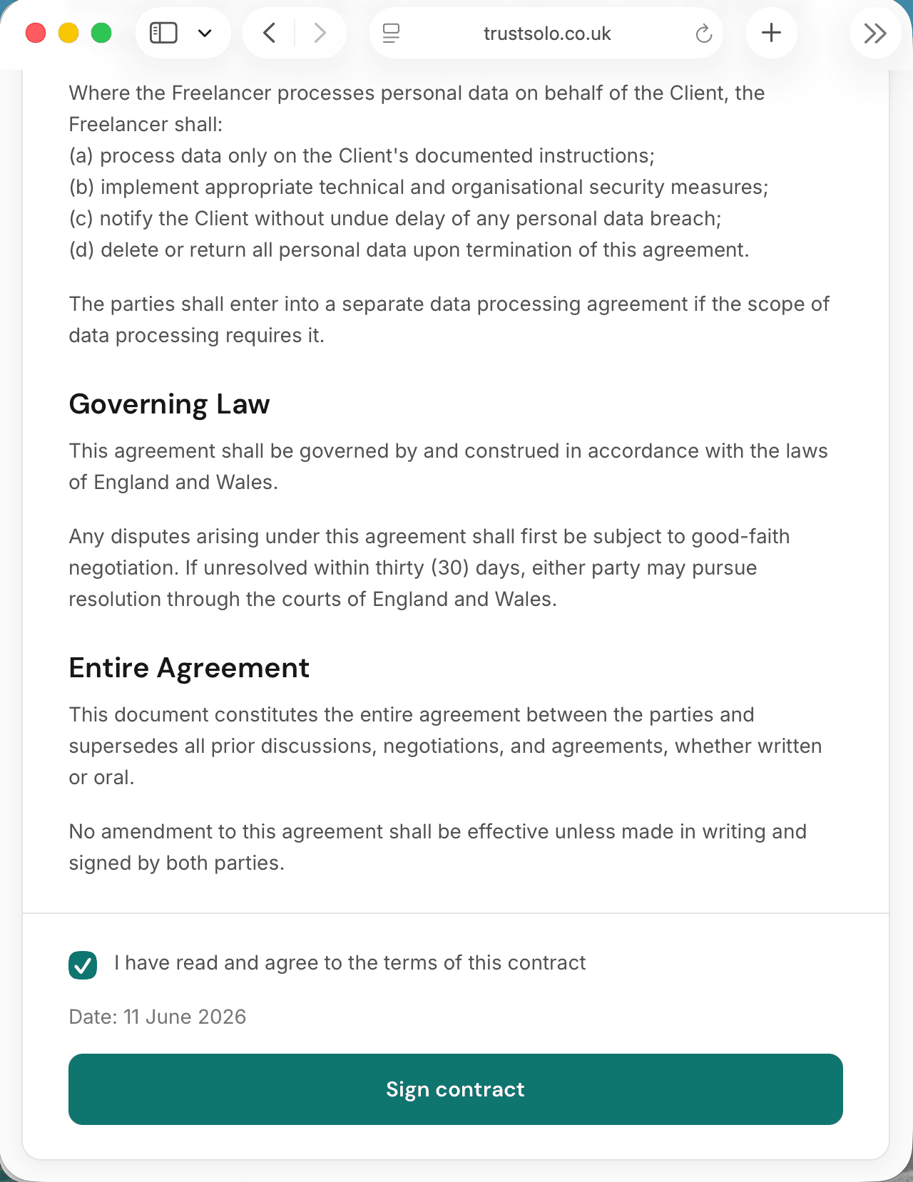 A client signing a contract online, with an agree checkbox and a Sign contract button