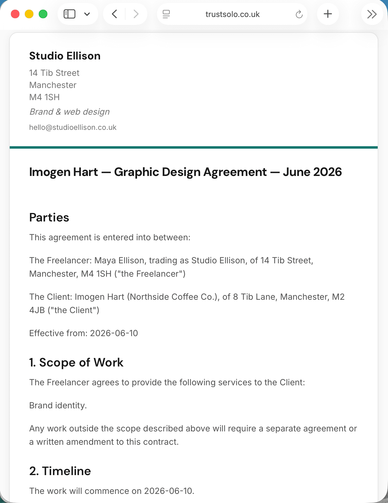 A freelance contract shown in a browser — the freelancer details, parties and scope of work