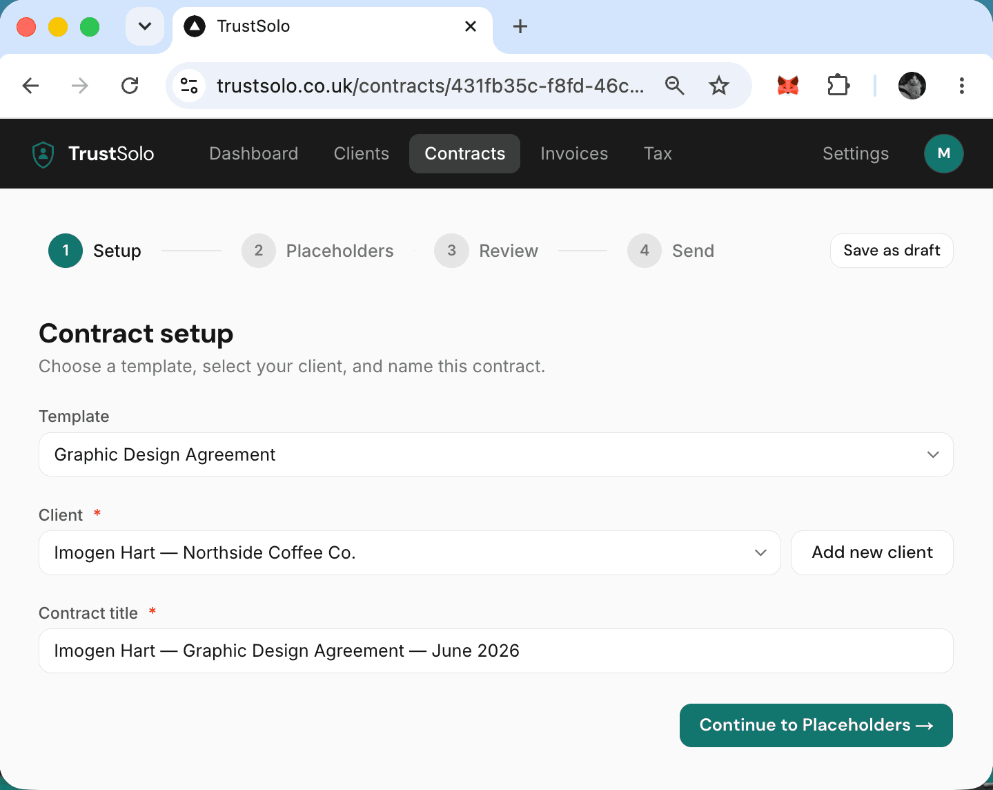 Setting up a contract — choosing a ready-made template, the client and a title