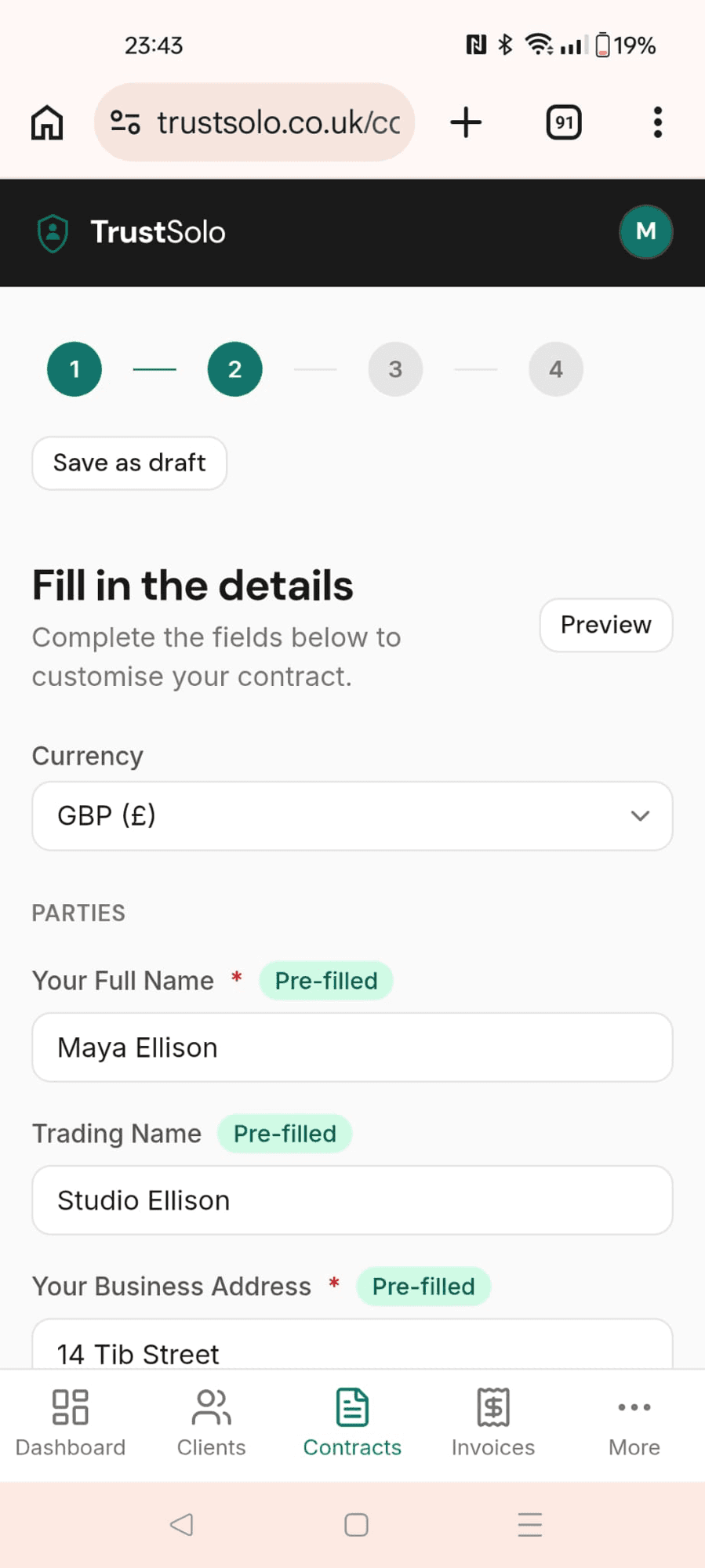 Filling in contract details on a phone