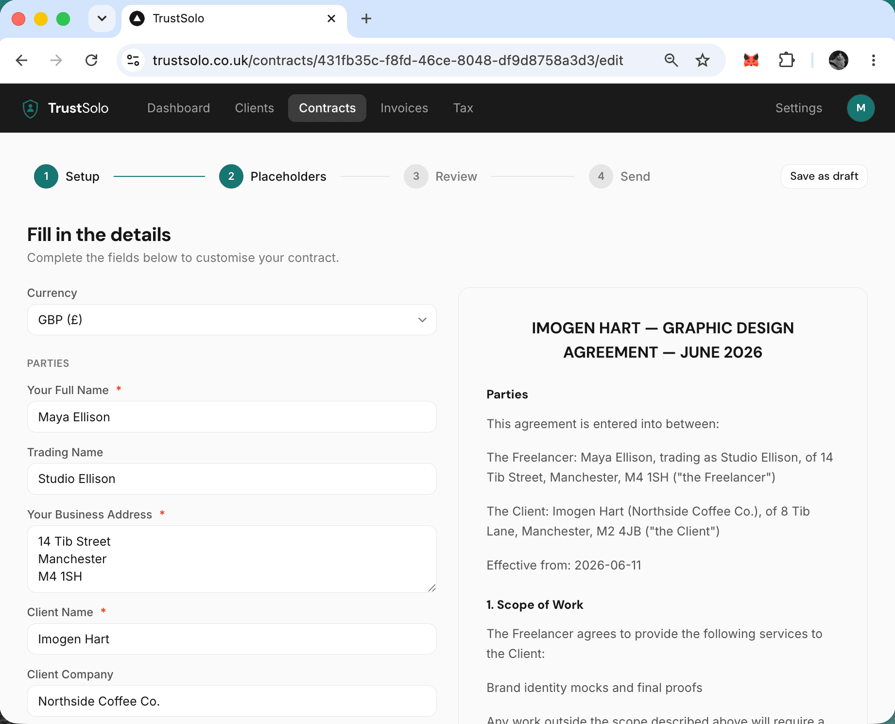 Filling in contract details with a live preview of the agreement
