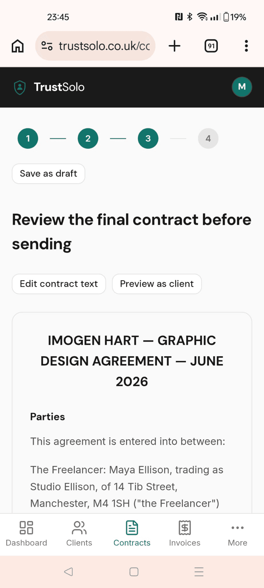 Reviewing a contract before sending on a phone