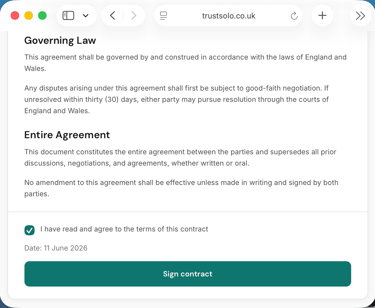A client signing a contract online, with an agree checkbox and a Sign contract button