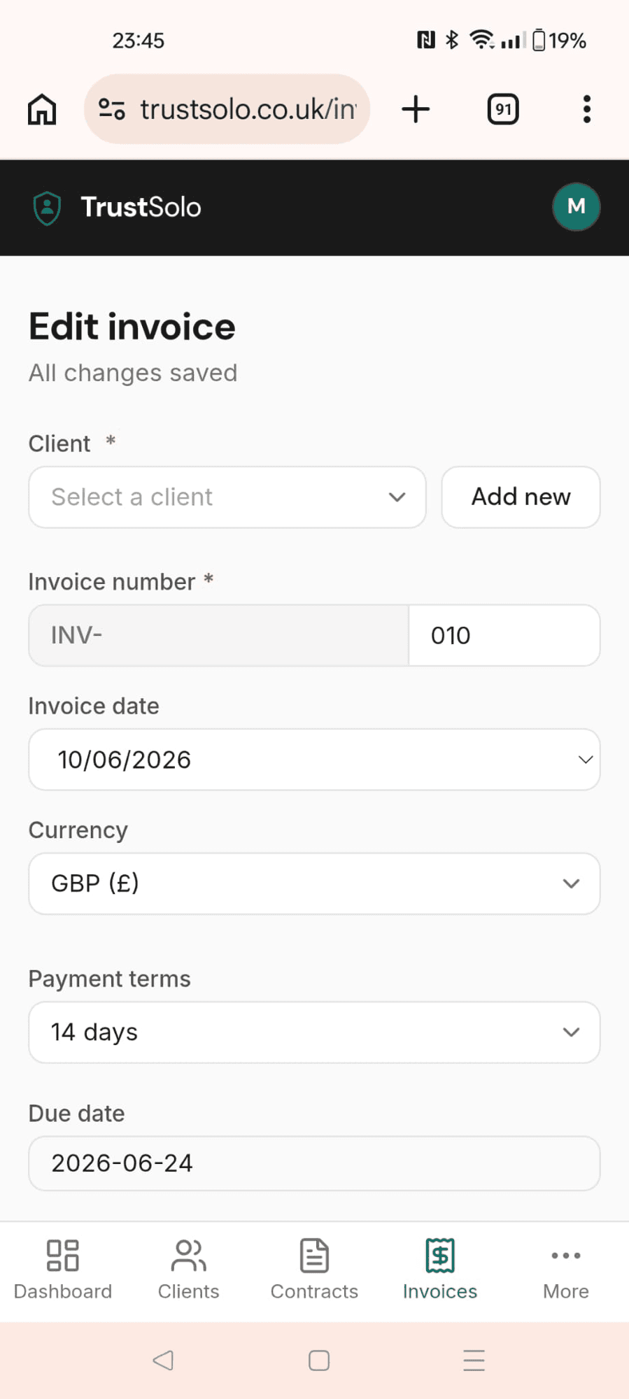Building an invoice on a phone