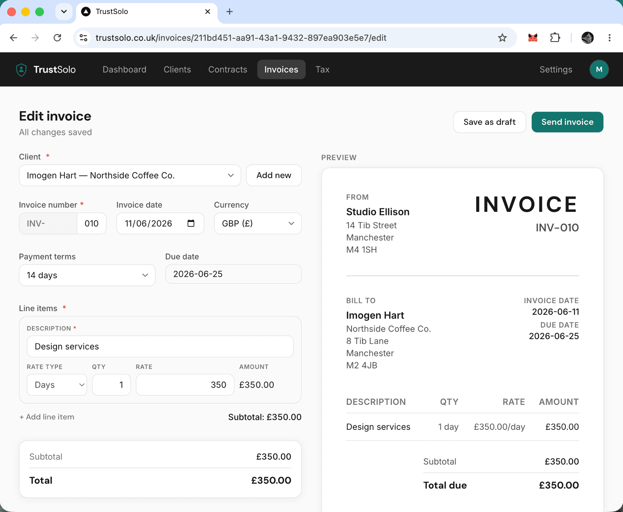 Building an invoice — line items and rate type on the left, a live preview of the finished invoice on the right