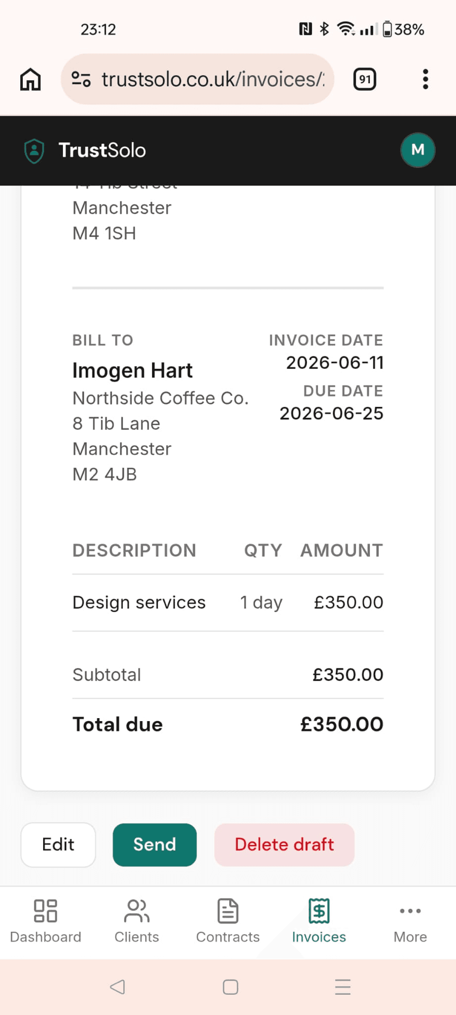 An invoice ready to send on a phone