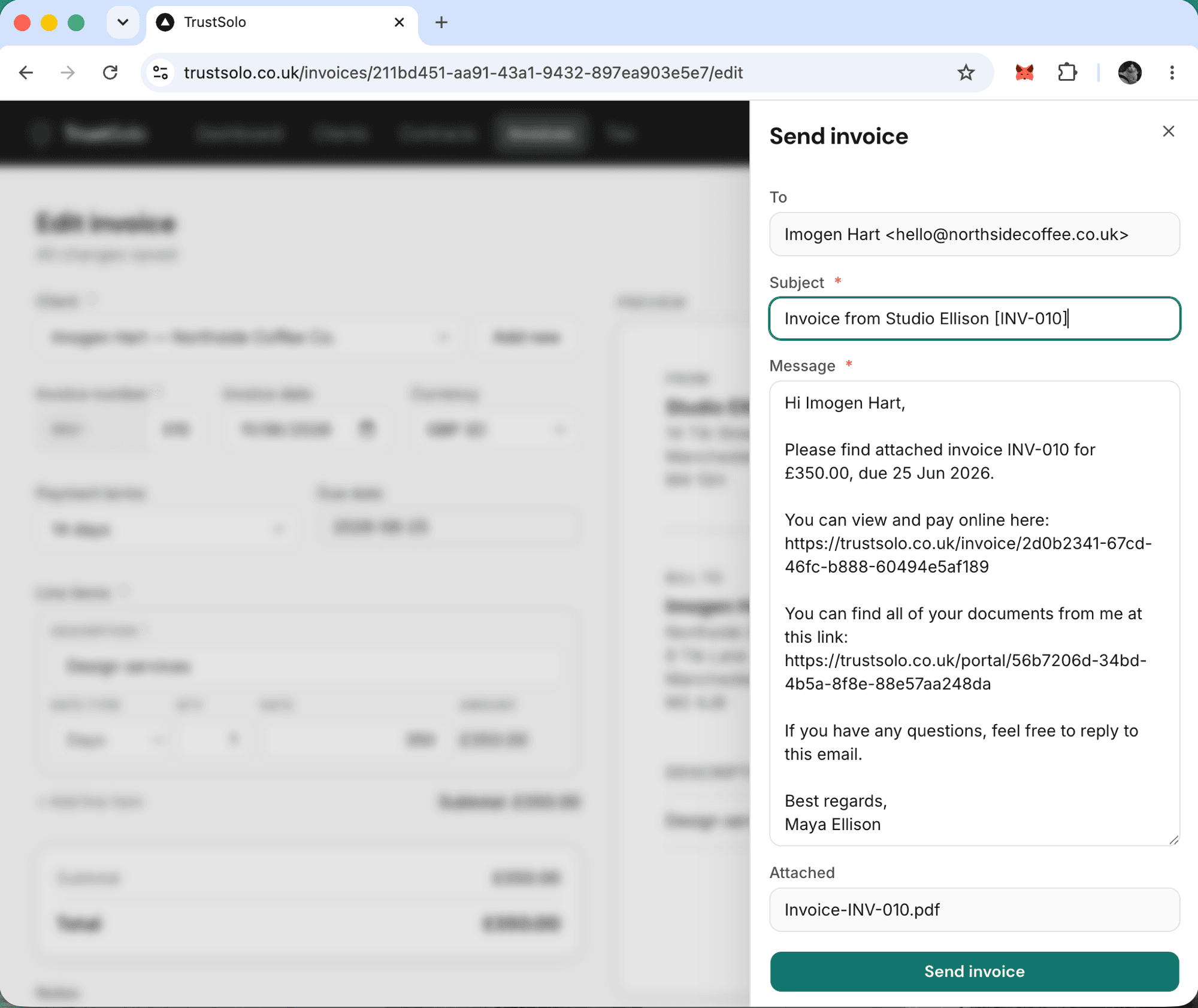 Sending an invoice by email with a payment link and the PDF attached