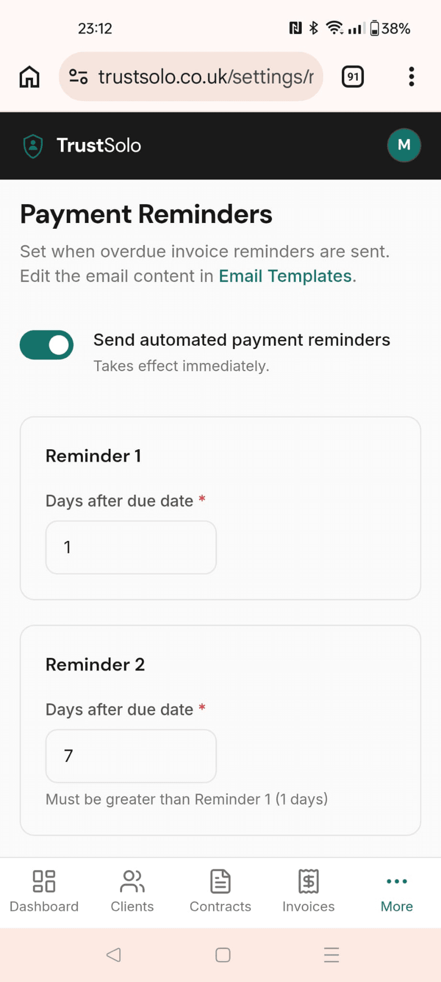 Payment reminder settings on a phone