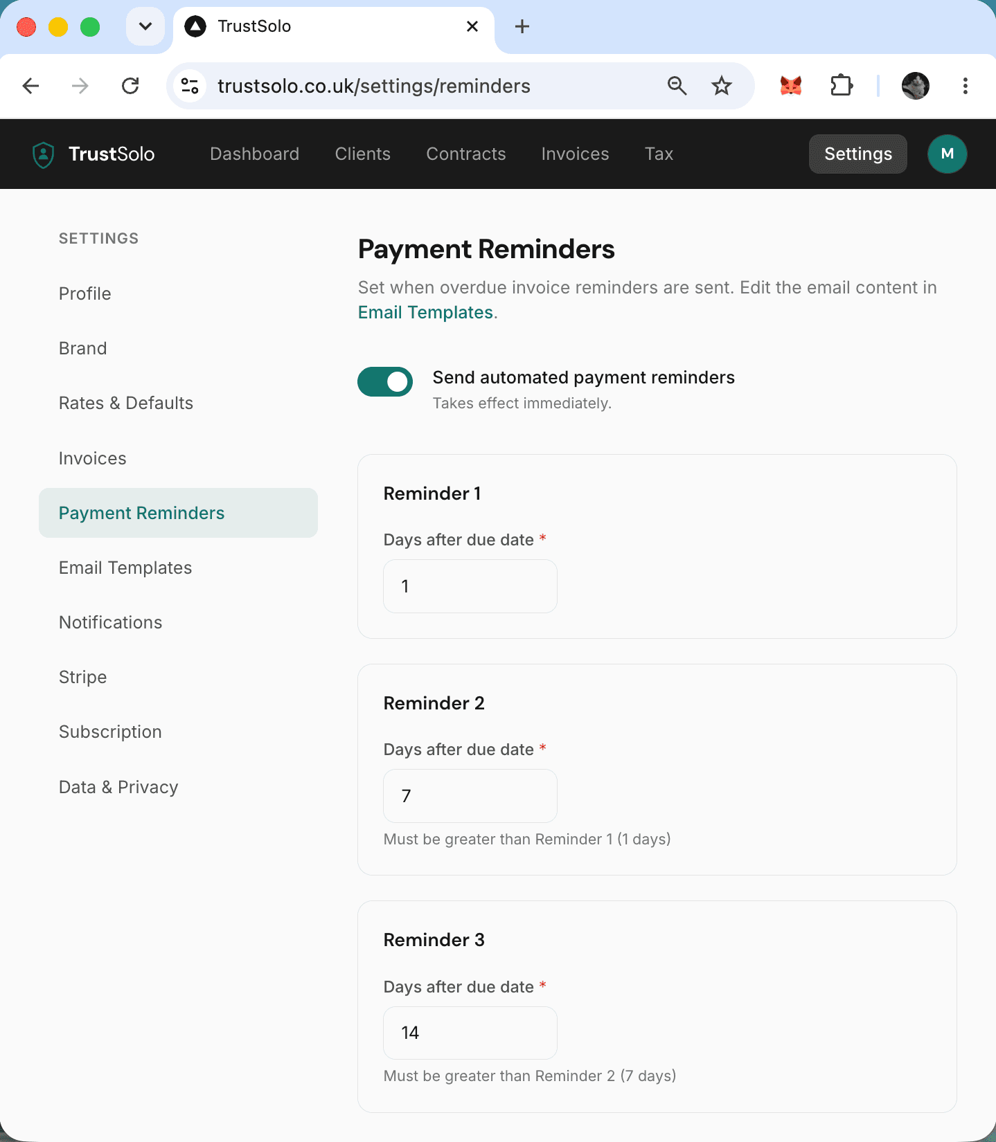 Automated payment reminder settings — reminders sent at intervals after the due date