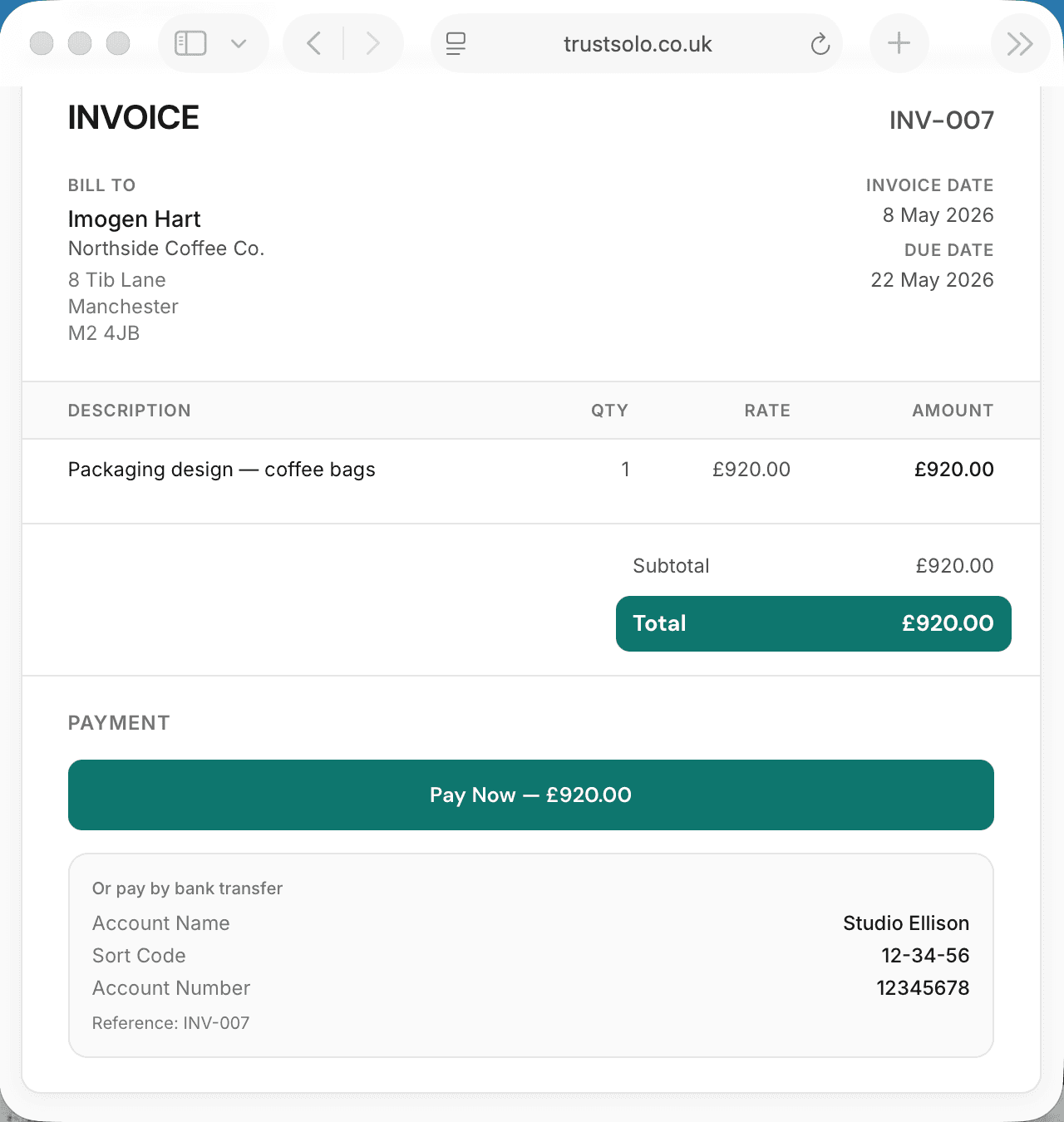 A client invoice page with a Pay Now button and bank transfer details