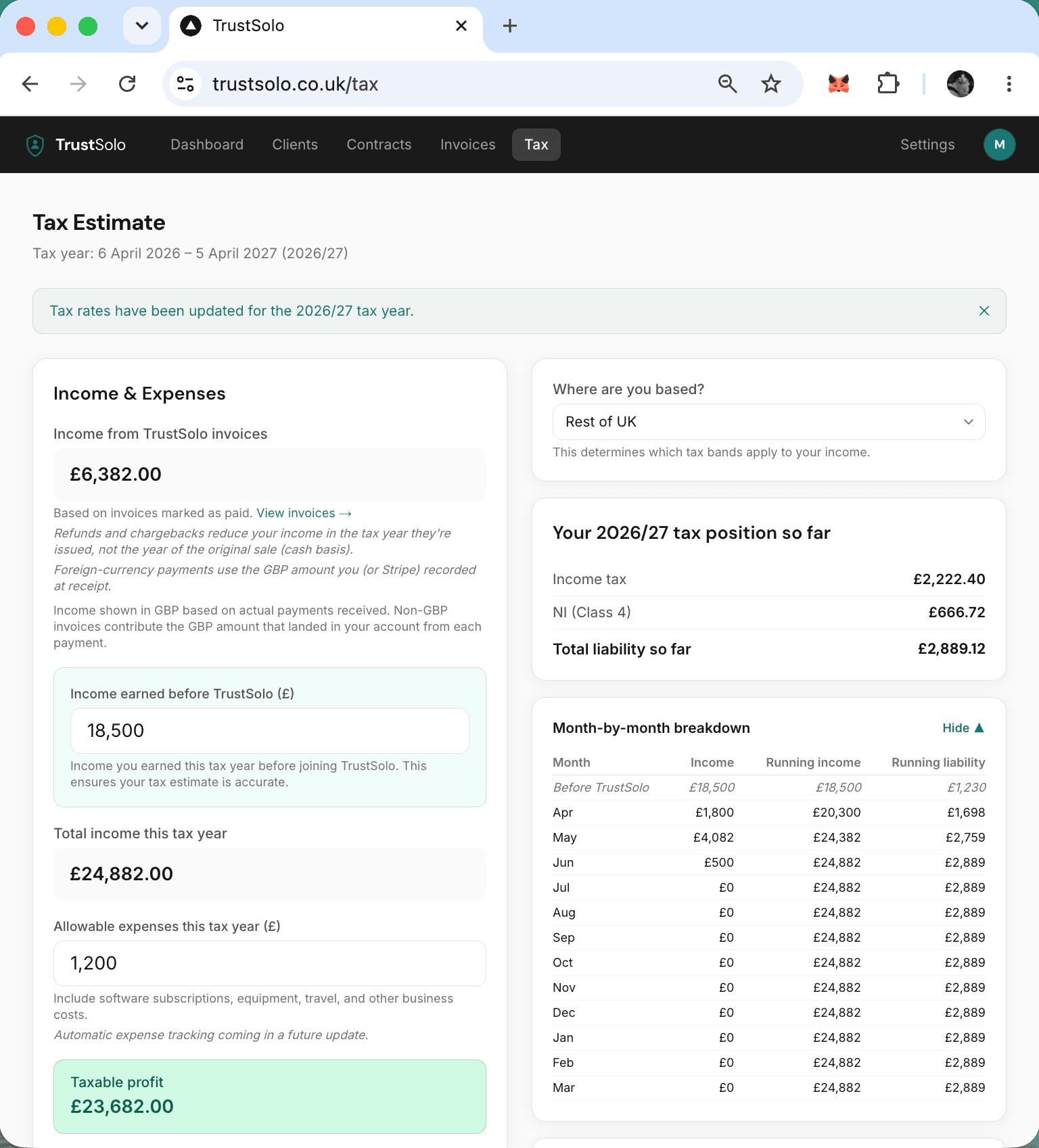 A tax estimate — income pulled from paid invoices, with income tax, National Insurance and a month-by-month breakdown