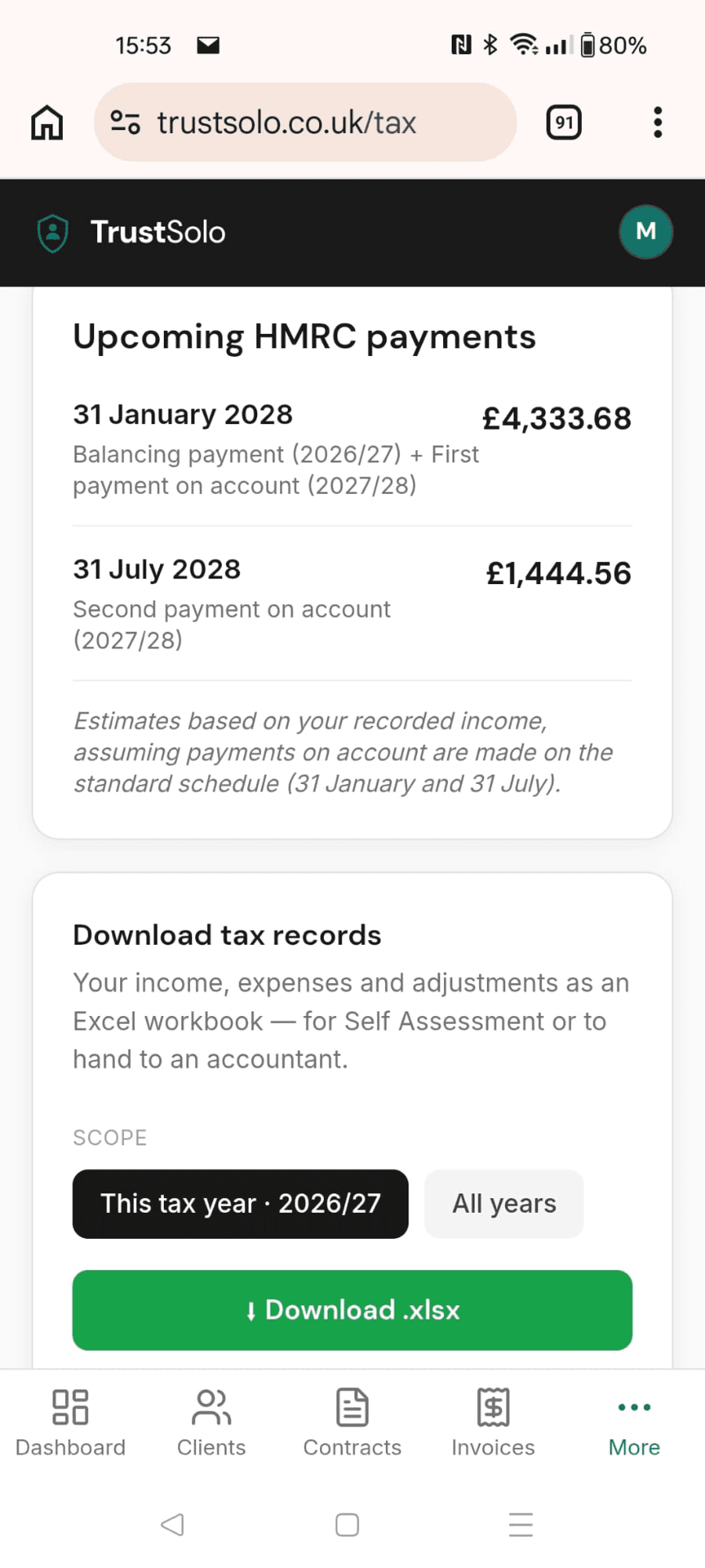 Upcoming HMRC payments and tax record download on a phone