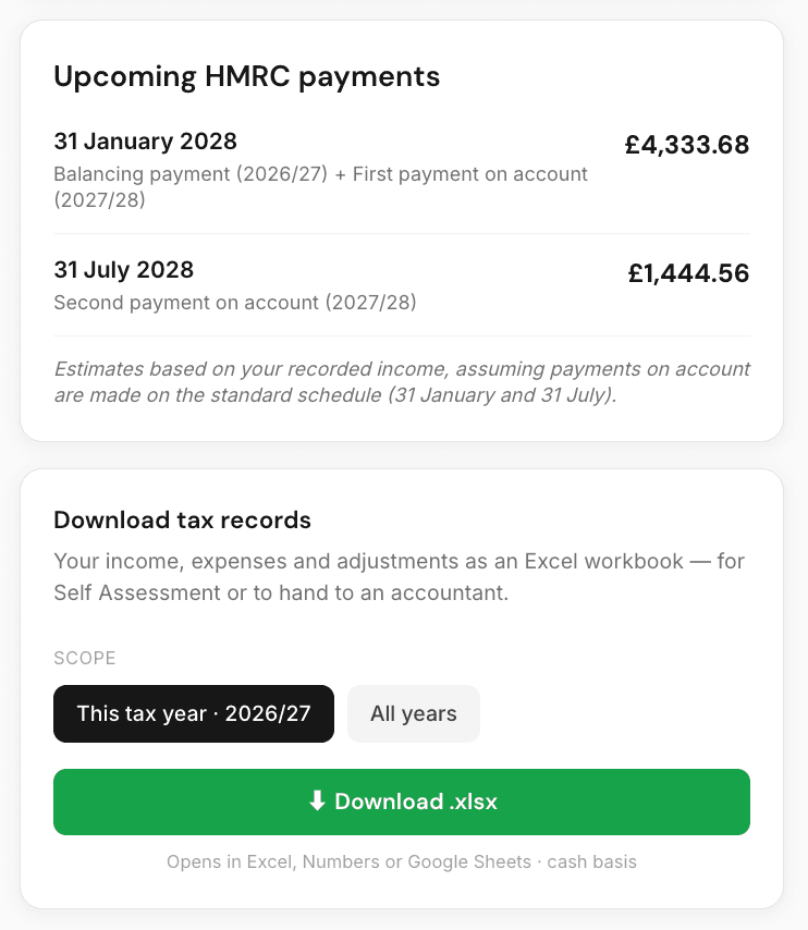 Upcoming HMRC payment dates and a one-click tax record download