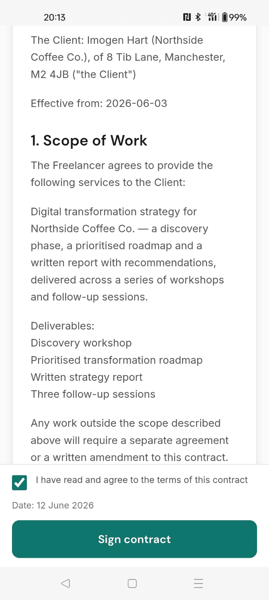A consulting contract on a phone