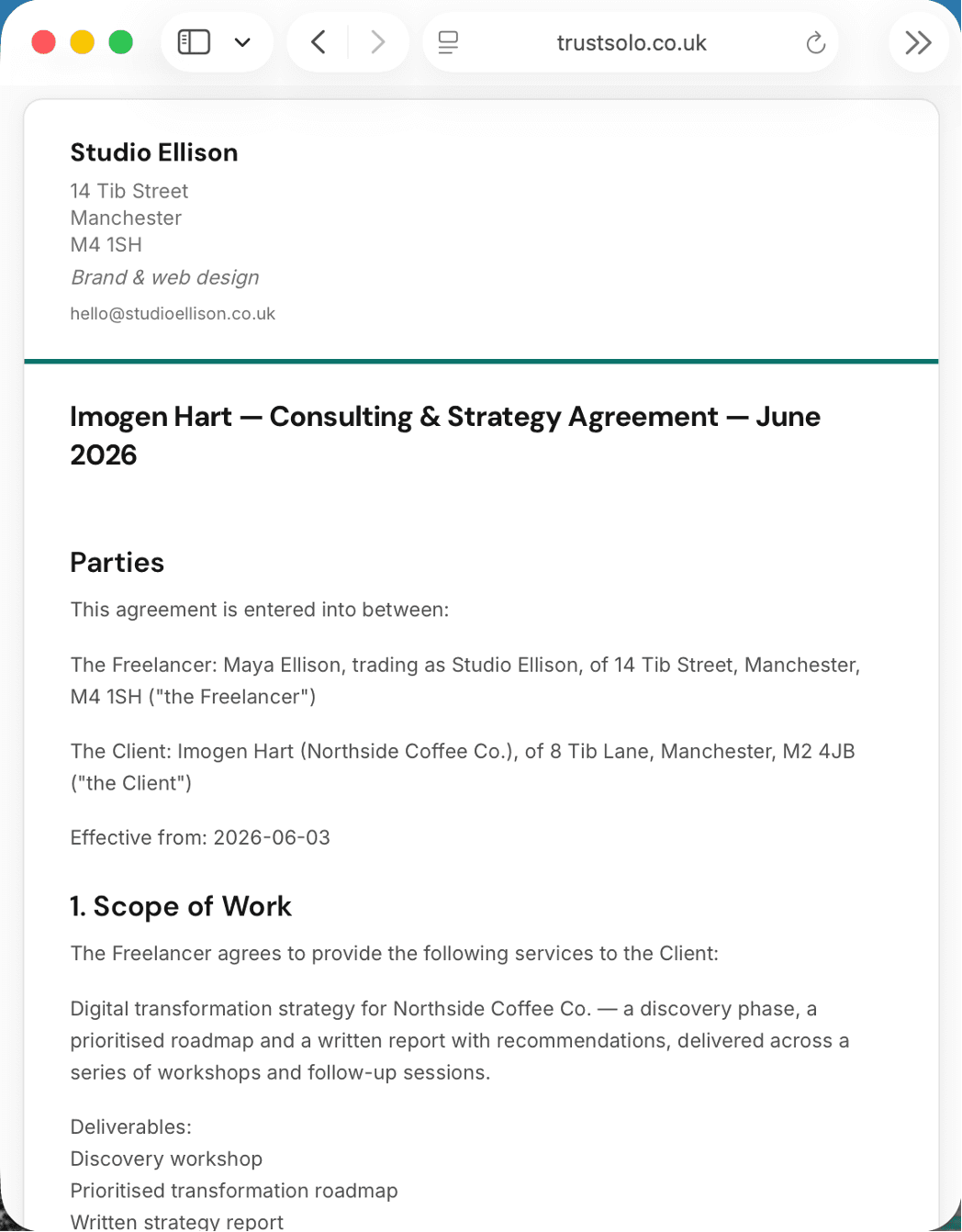 A consulting contract in TrustSolo — parties, scope of work and deliverables