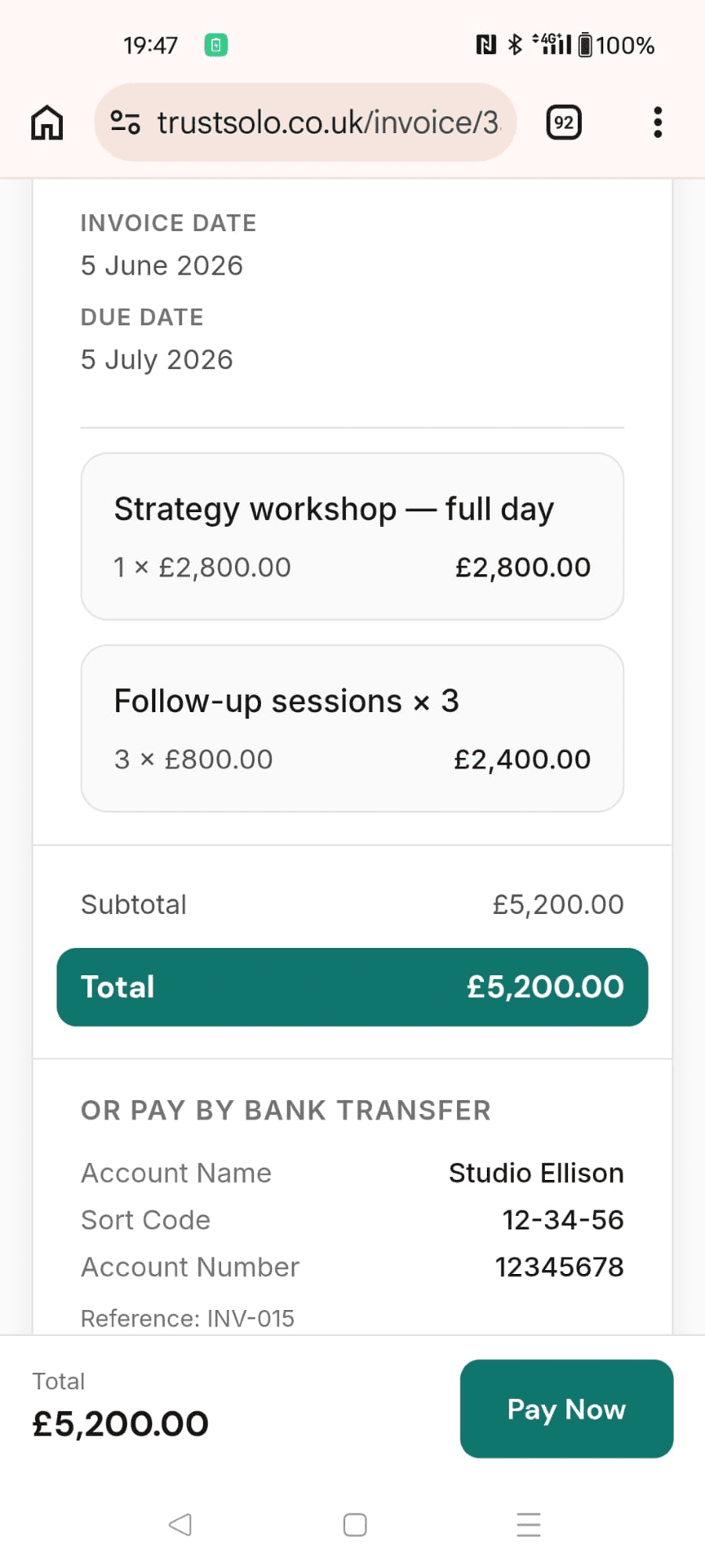 A consulting invoice on a phone