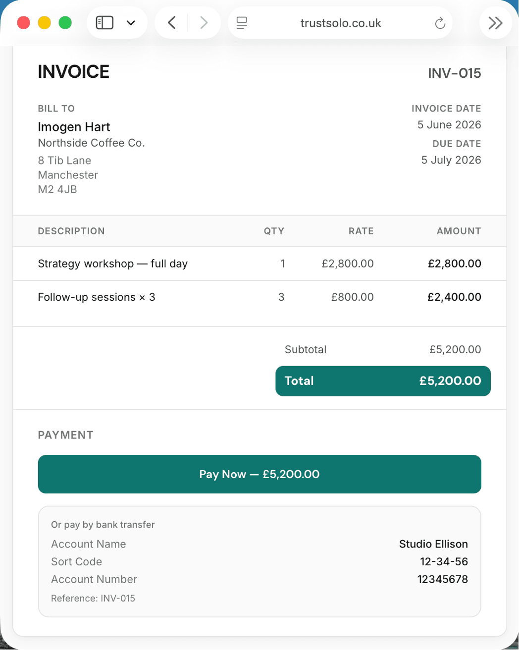A consulting invoice with a Pay Now button and bank transfer details