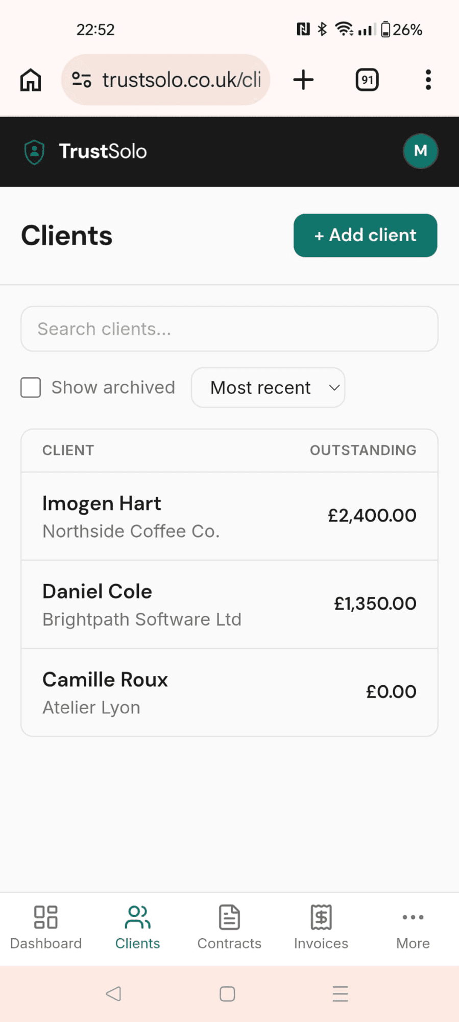 The TrustSolo clients list on a phone