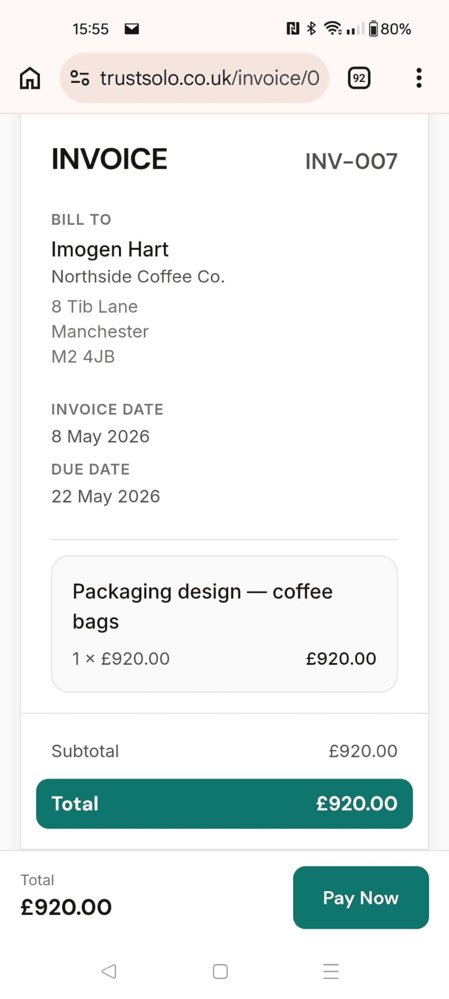 A client invoice with a Pay Now button on a phone