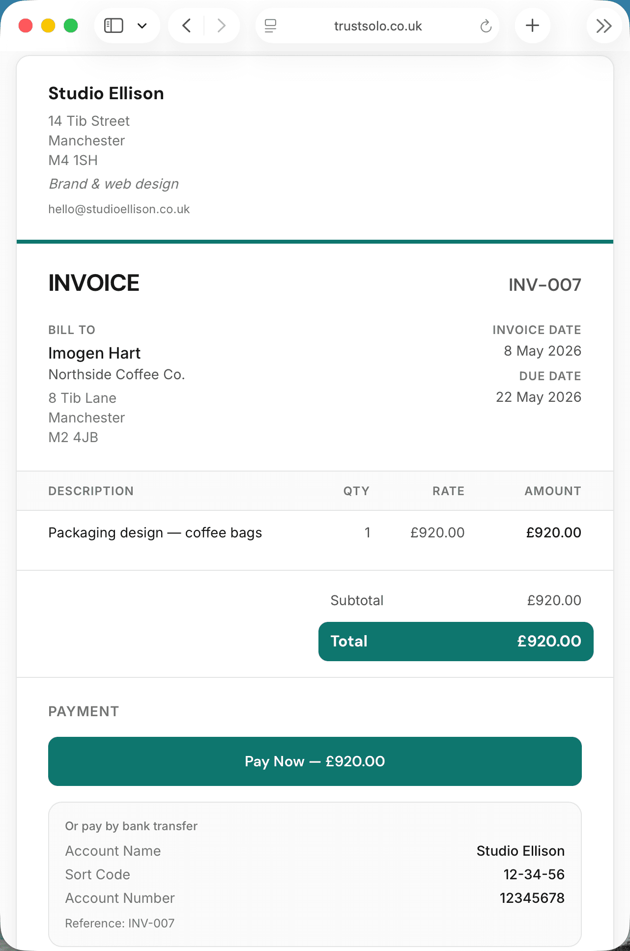A client invoice page with a Pay Now button and bank transfer details