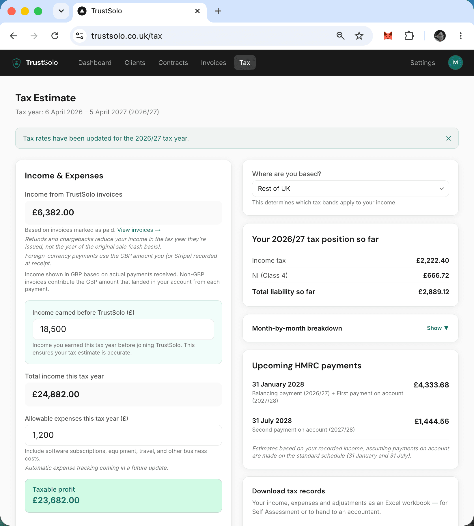 A tax estimate showing income tax, National Insurance and a month-by-month breakdown