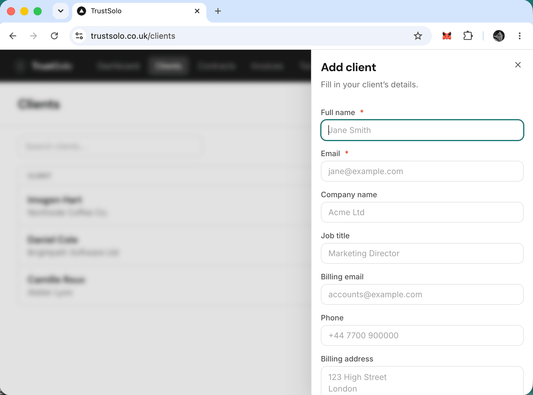 Adding a new client — name, email and optional company details