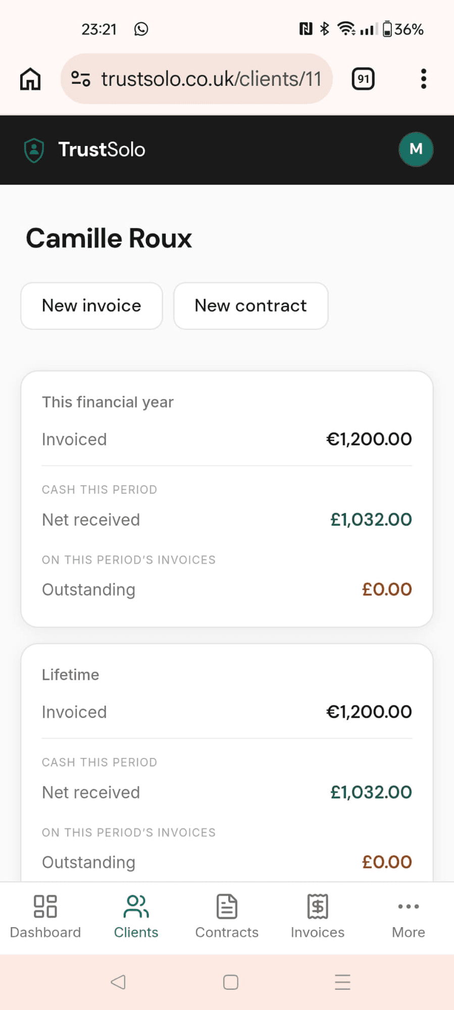 The clients list on a phone, each with their outstanding balance