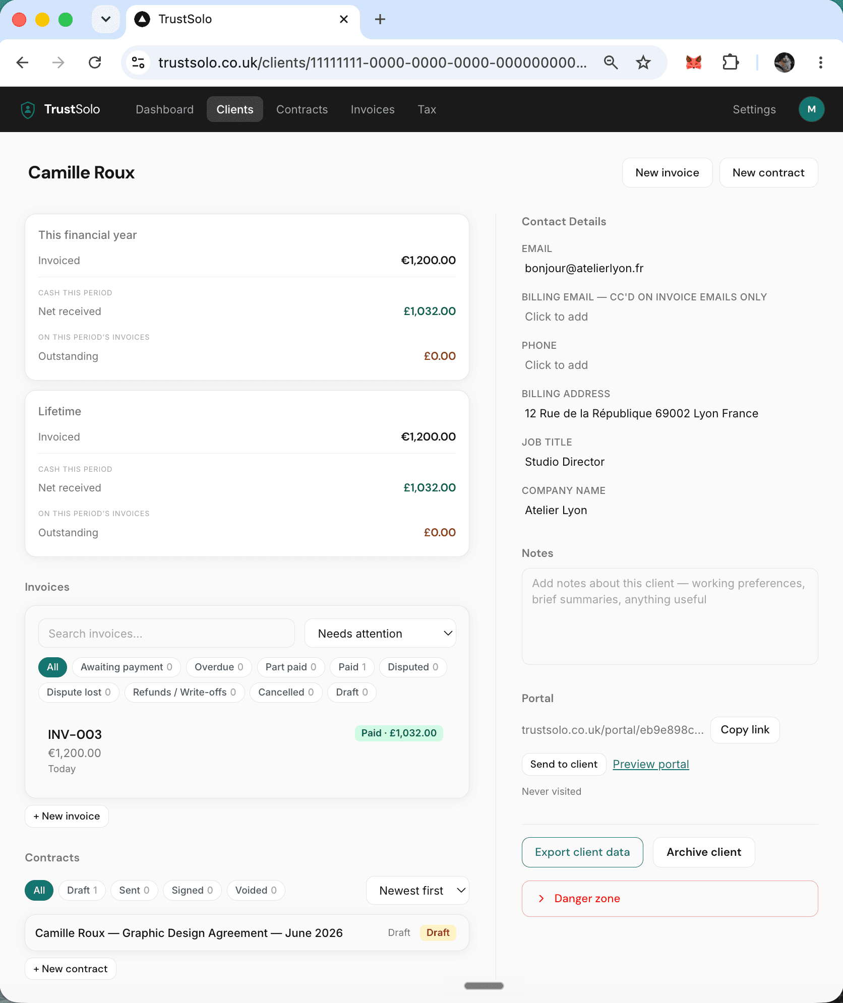 A client record showing every invoice and contract, with a portal link and export