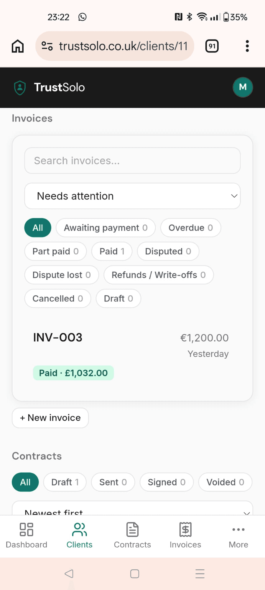 One client's invoices and contracts on a phone