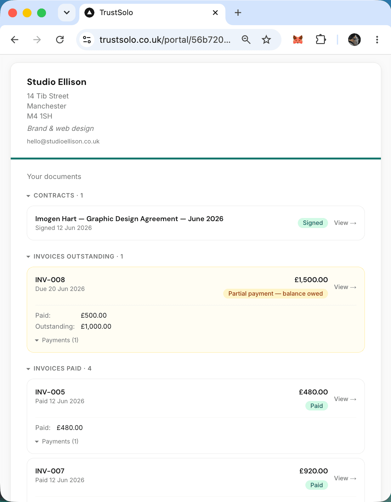 A client's branded portal showing their contracts and invoices from the freelancer