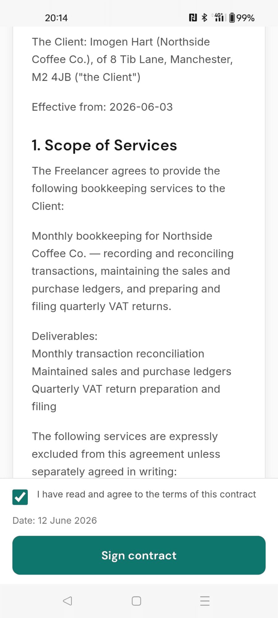 A bookkeeping contract on a phone