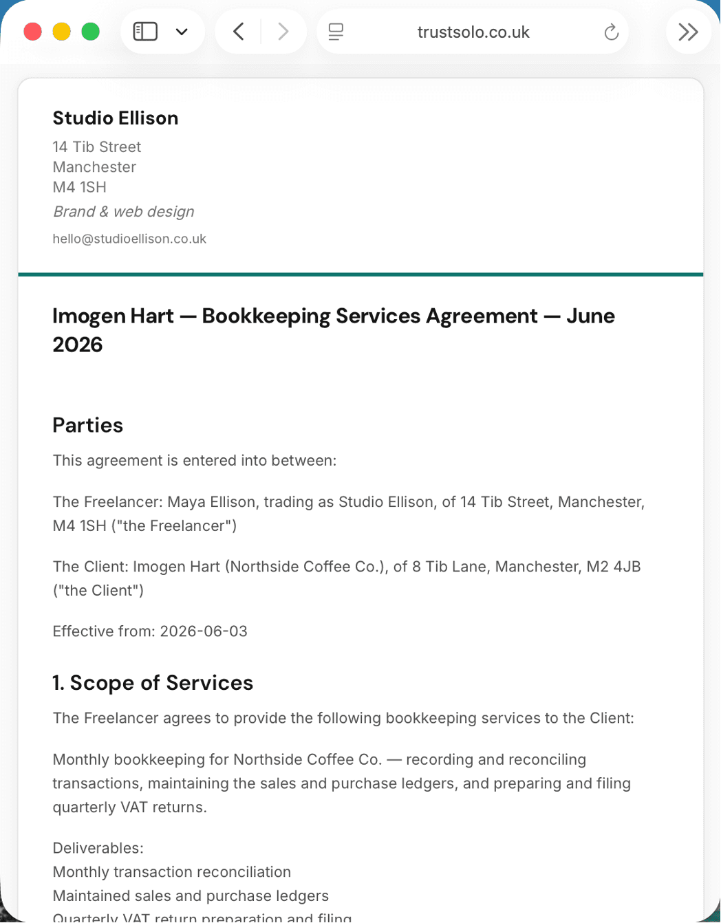 A bookkeeping contract in TrustSolo — parties, scope of services and deliverables