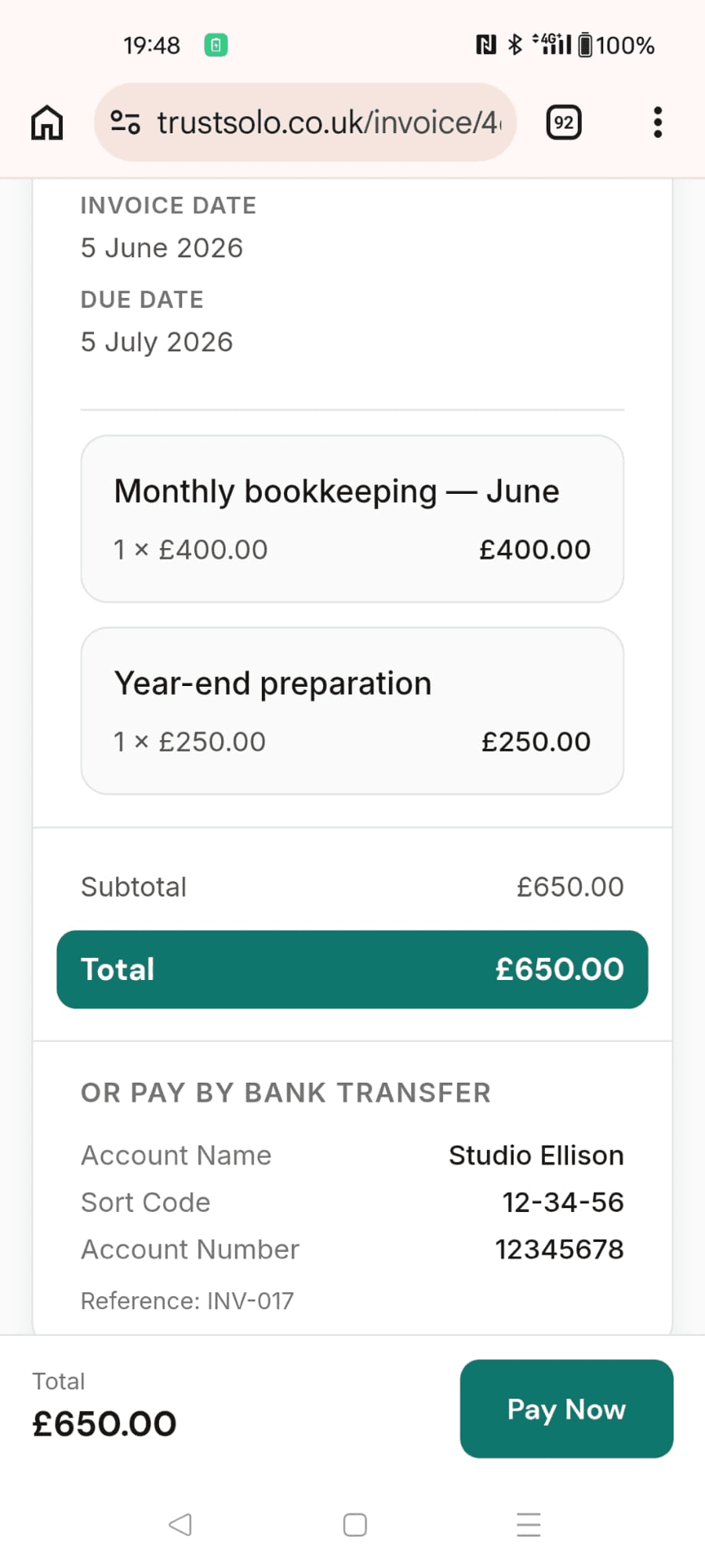 A bookkeeping invoice on a phone