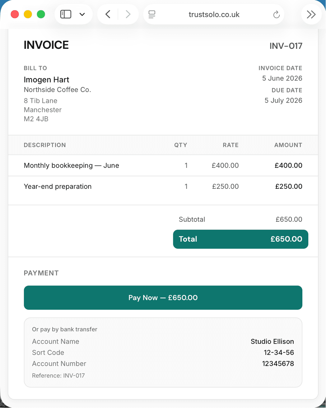 A bookkeeping invoice with a Pay Now button and bank transfer details