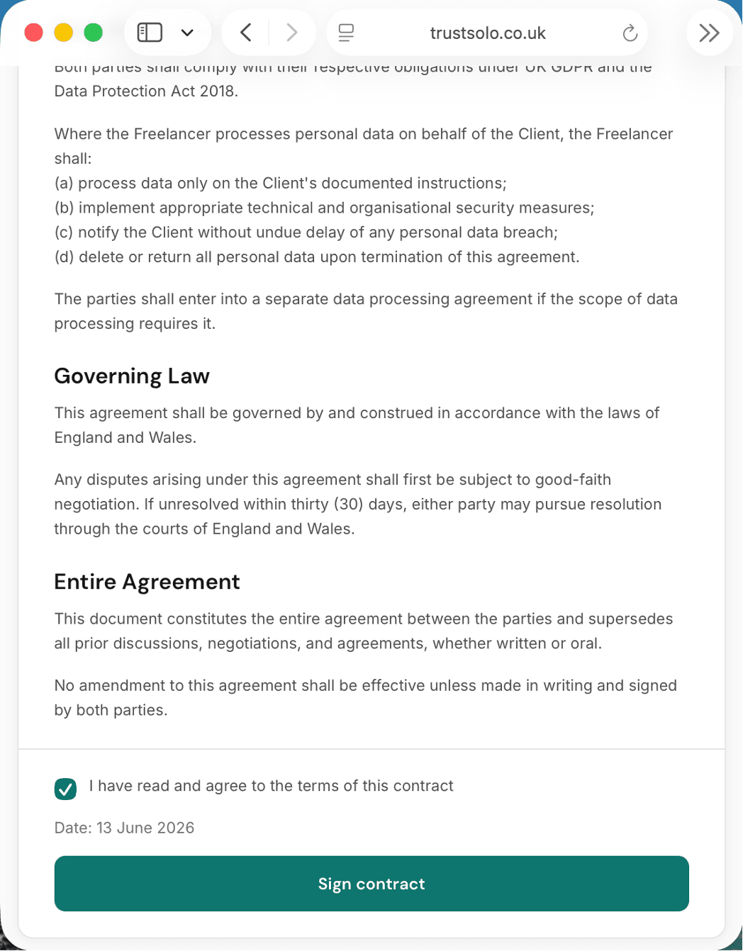 A client signing a contract online — an agree checkbox and a Sign contract button