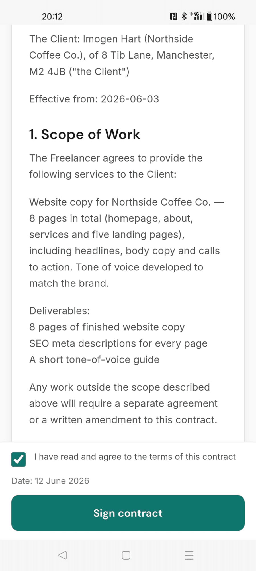 A copywriting contract on a phone