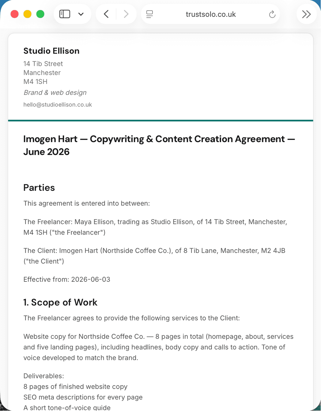 A copywriting contract in TrustSolo — parties, scope of work and deliverables