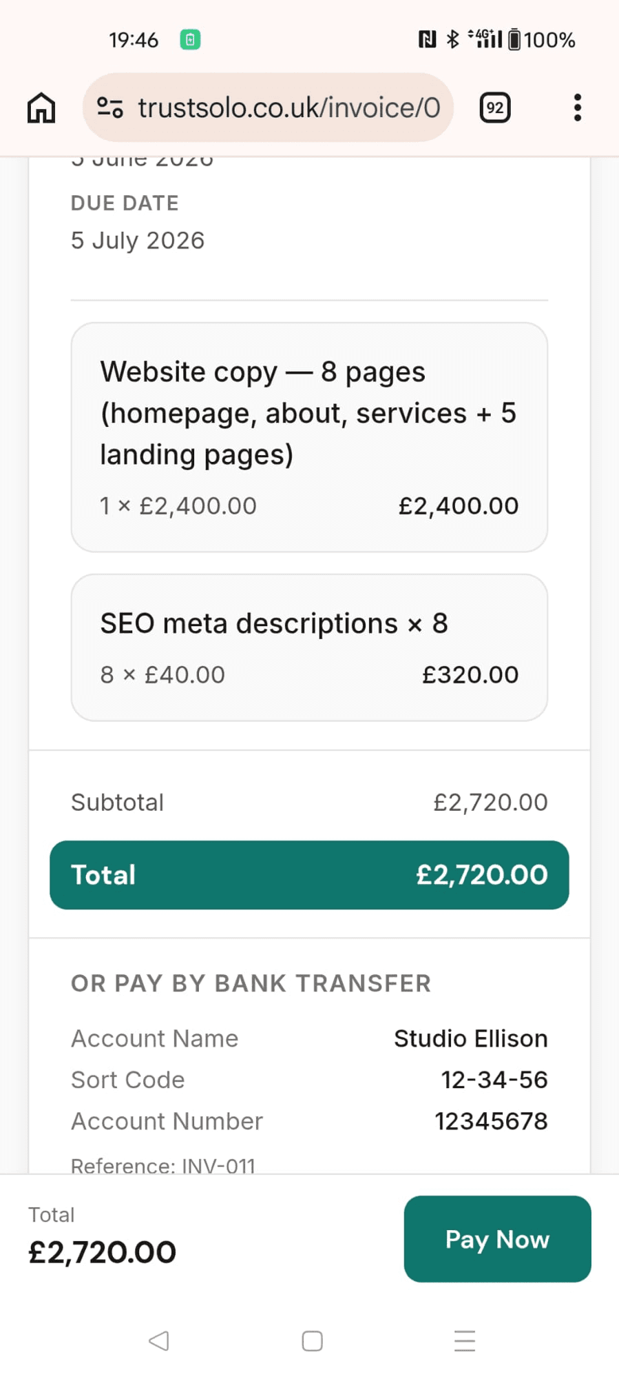 A copywriting invoice on a phone
