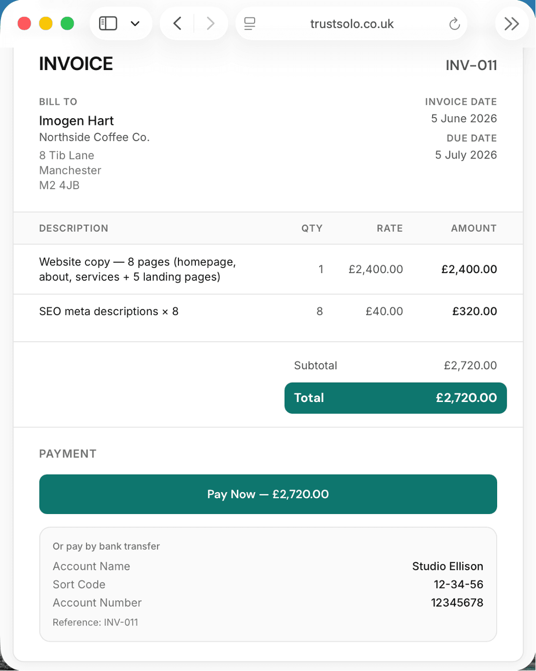 A copywriting invoice with a Pay Now button and bank transfer details
