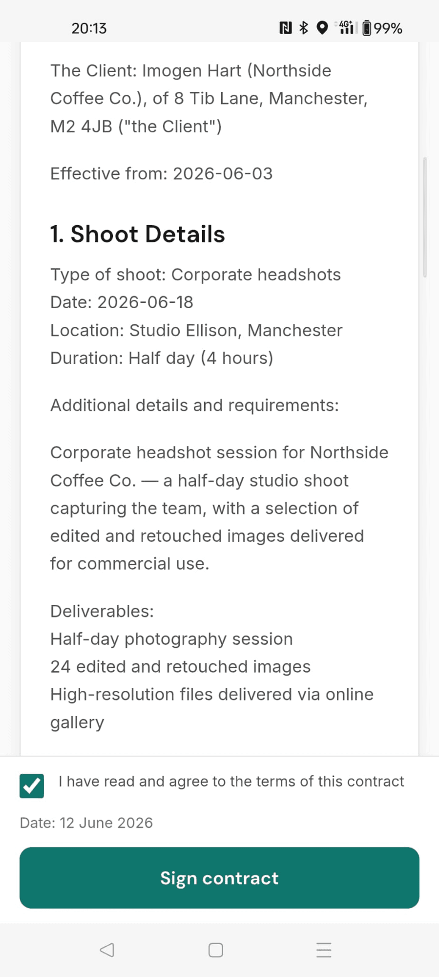 A photography contract on a phone