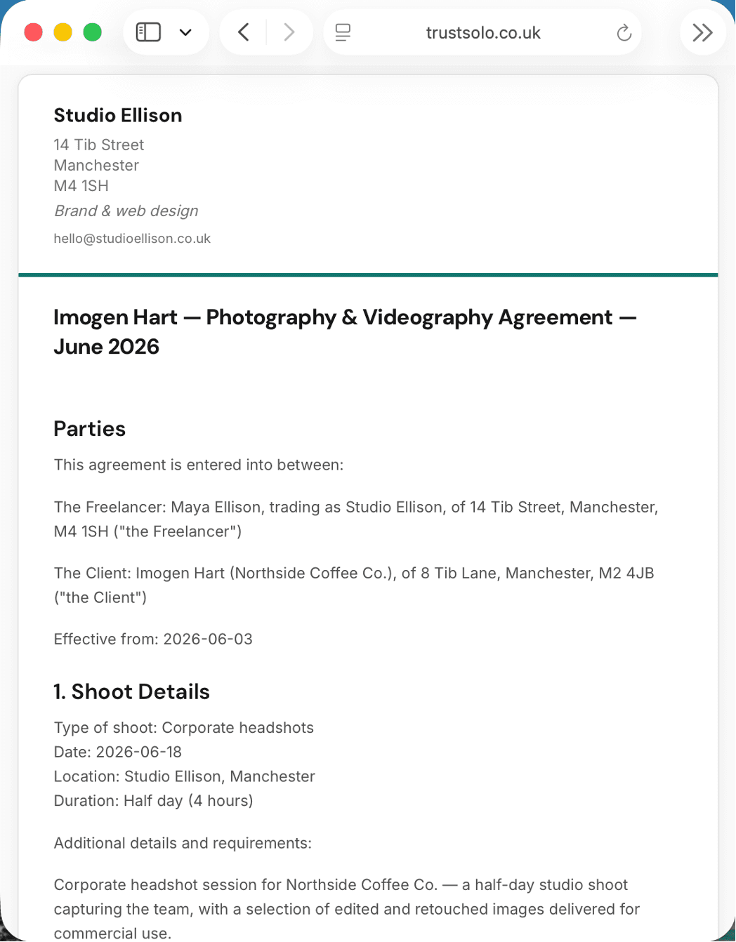 A photography contract in TrustSolo — shoot details, usage rights and deliverables