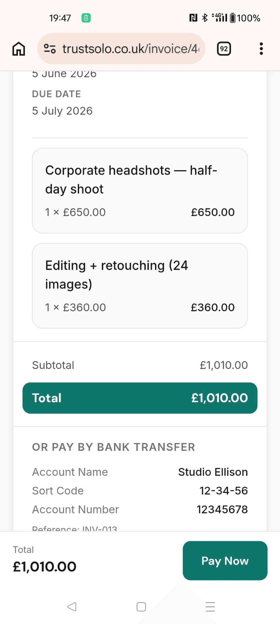 A photography invoice on a phone