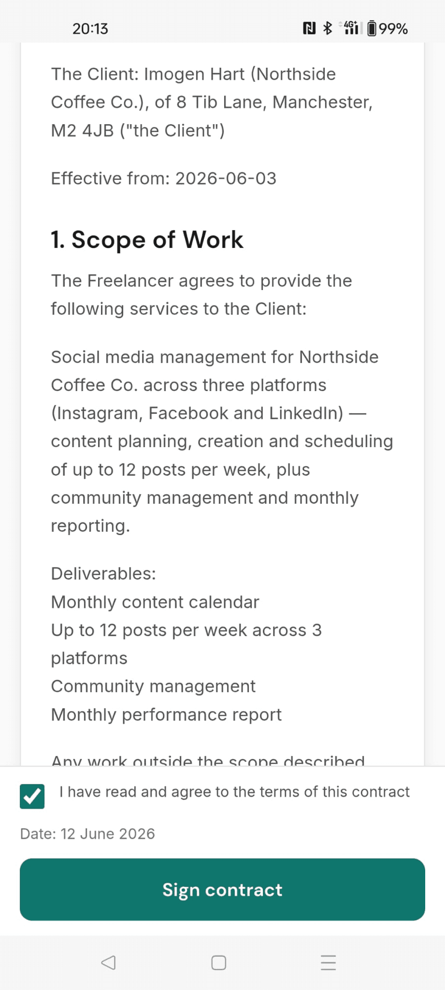 A social media management contract on a phone