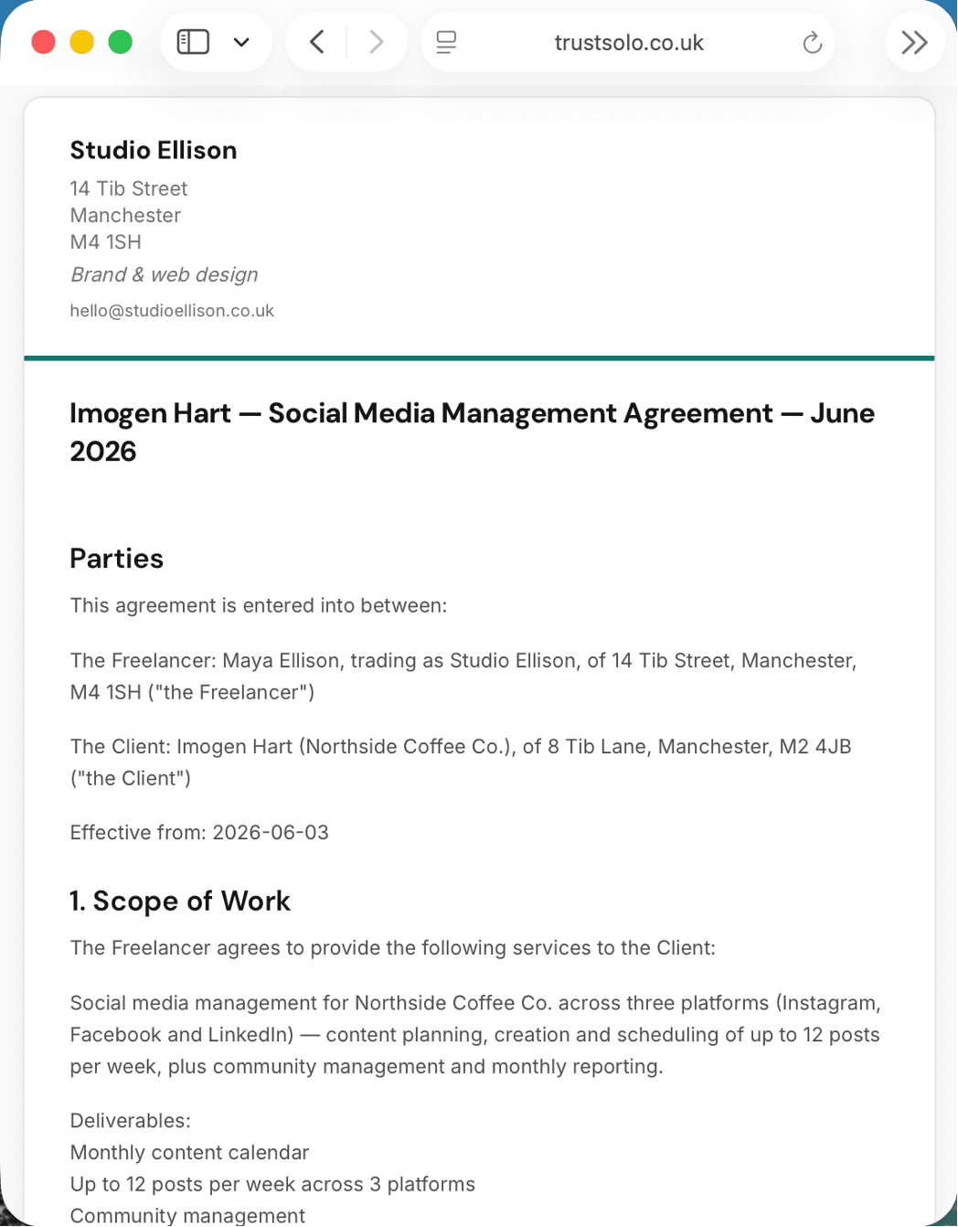 A social media management contract in TrustSolo — parties, scope of work and deliverables
