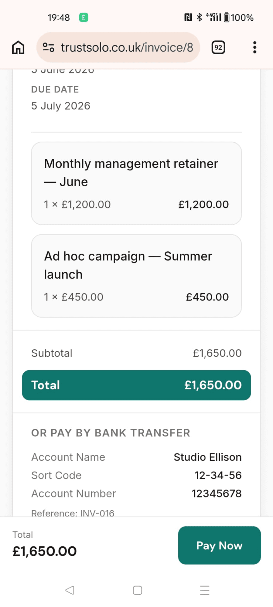 A social media management invoice on a phone