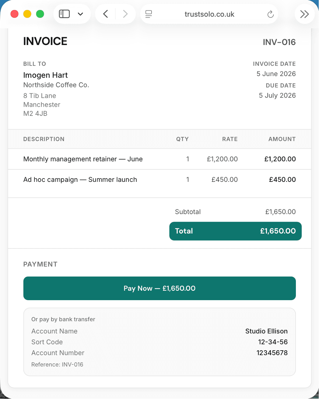 A social media management invoice with a Pay Now button and bank transfer details