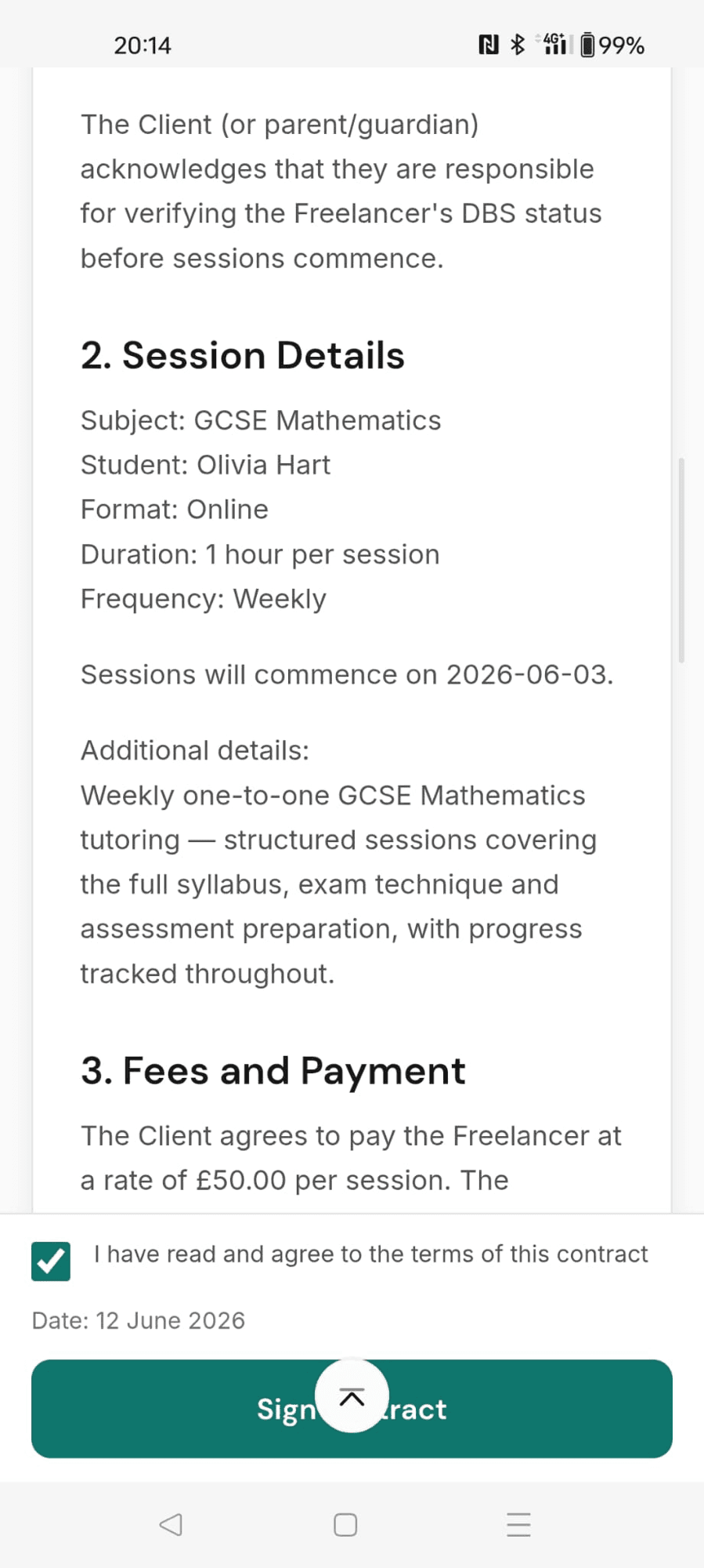 A tutoring contract on a phone