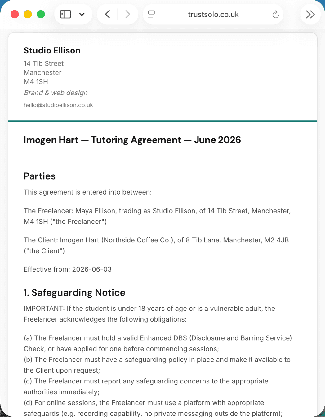 A tutoring contract in TrustSolo — safeguarding, session details and fees