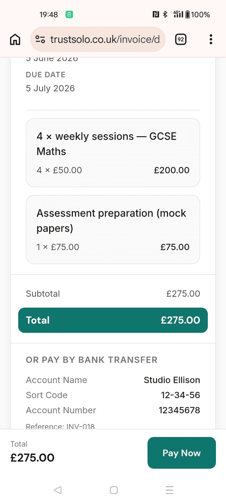 A tutoring invoice on a phone