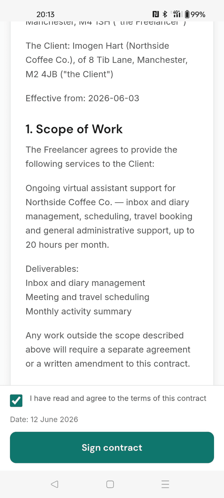 A virtual assistant contract on a phone